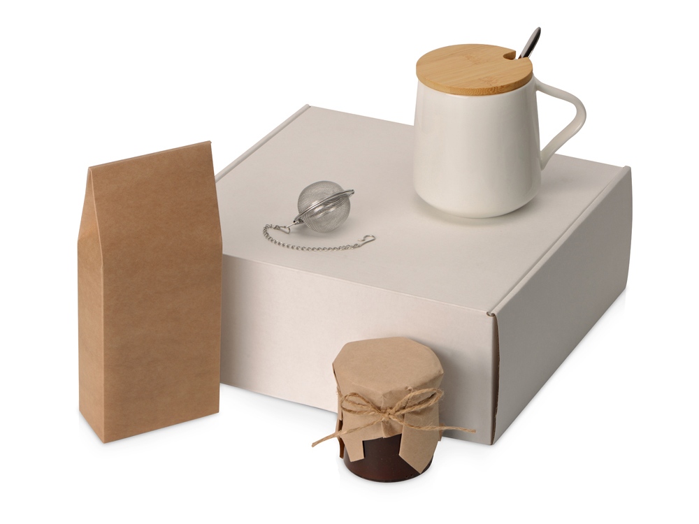 Подарочный набор с чаем, кружкой, вареньем из клубники с шампанским и ситечком 
