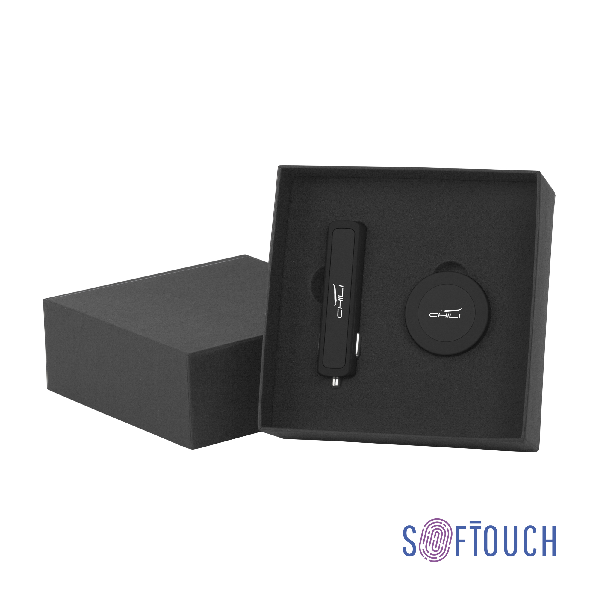 Набор автомобильное зарядное устройство "Slam" + магнитный держатель для телефона "Allo" в футляре, покрытие soft touch черный