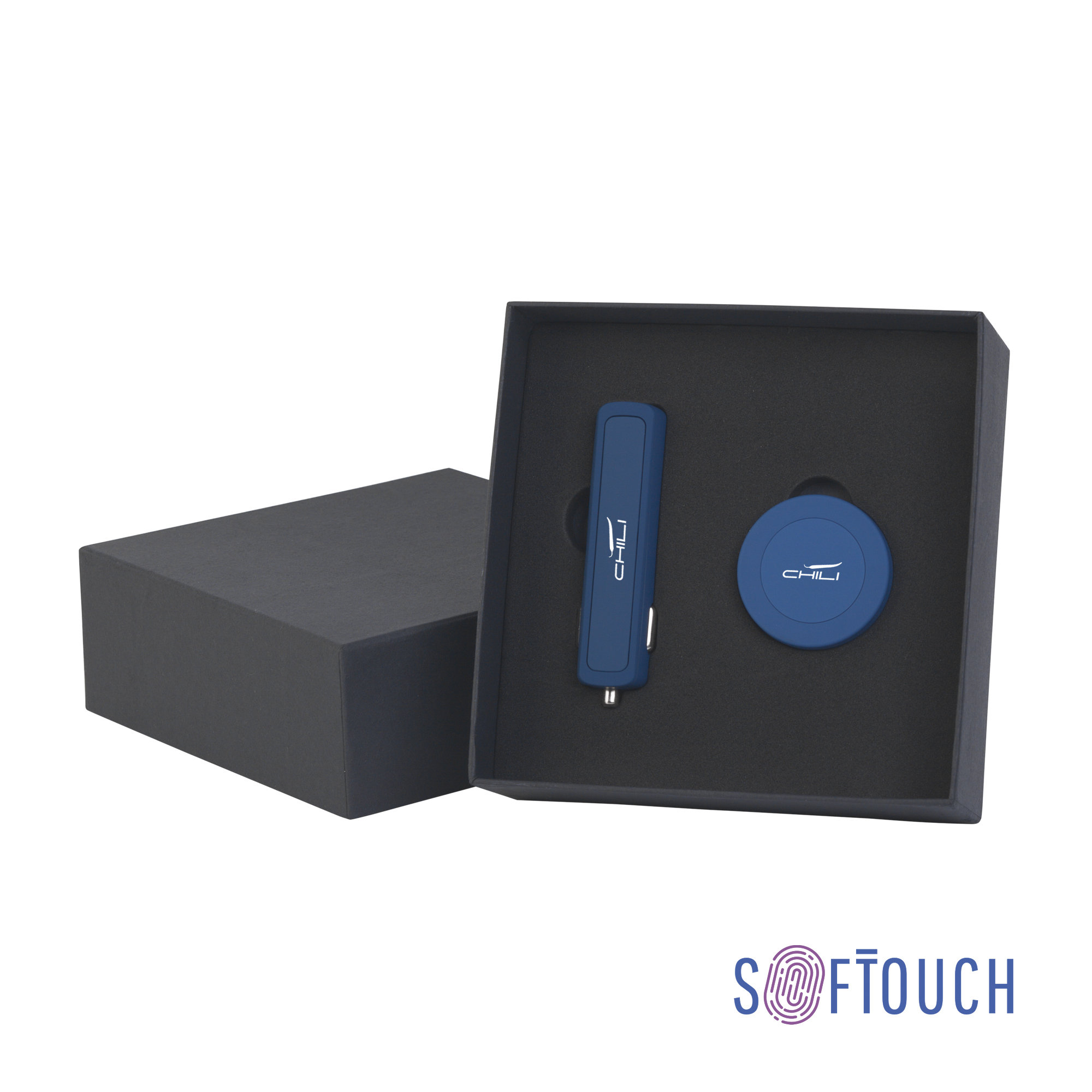 Набор автомобильное зарядное устройство "Slam" + магнитный держатель для телефона "Allo" в футляре, покрытие soft touch темно-синий
