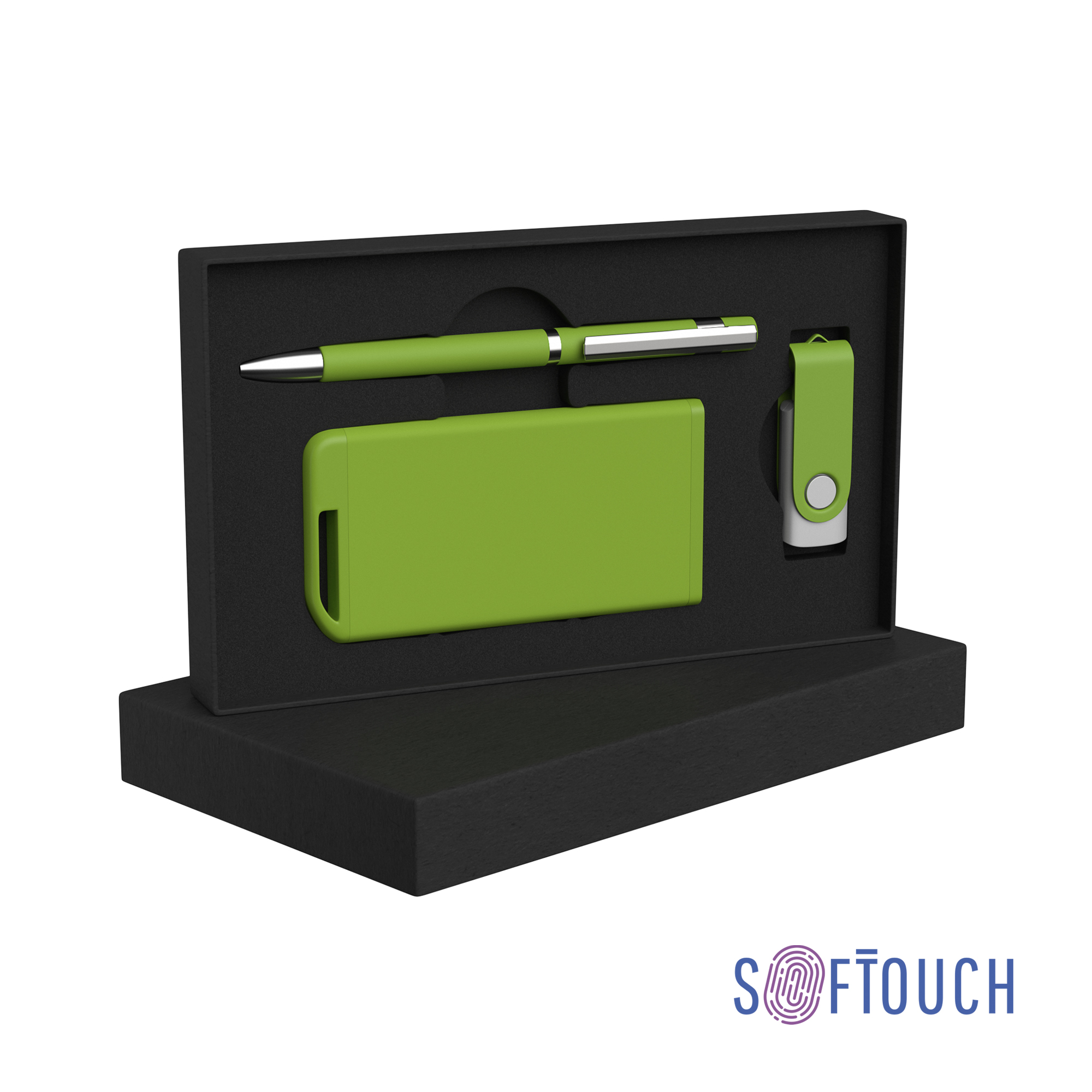 Набор ручка + флеш-карта 16Гб + зарядное устройство 4000 mAh в футляре, soft touch зеленое яблоко