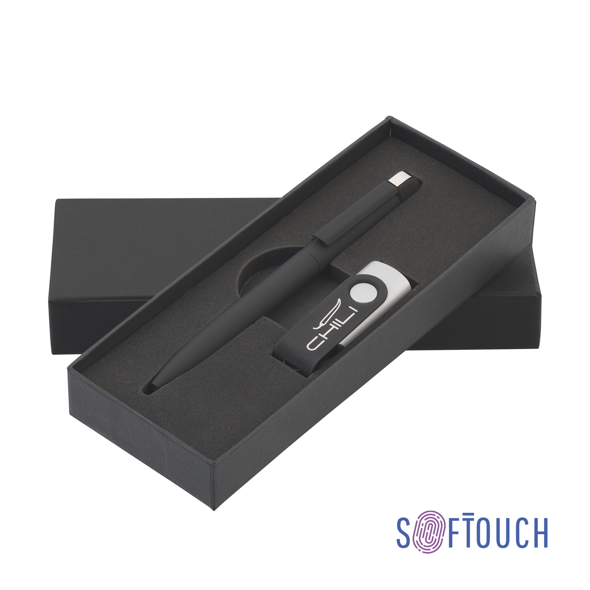 Набор ручка + флеш-карта 16 Гб в футляре, покрытие soft touch черный