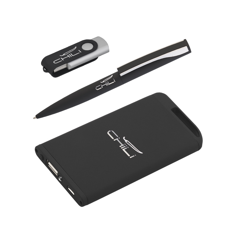 Набор ручка + флеш-карта 16Гб + зарядное устройство 4000 mAh, soft touch черный с серебристым