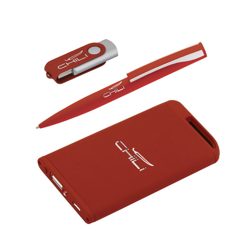 Набор ручка + флеш-карта 16Гб + зарядное устройство 4000 mAh, soft touch красный с серебристым