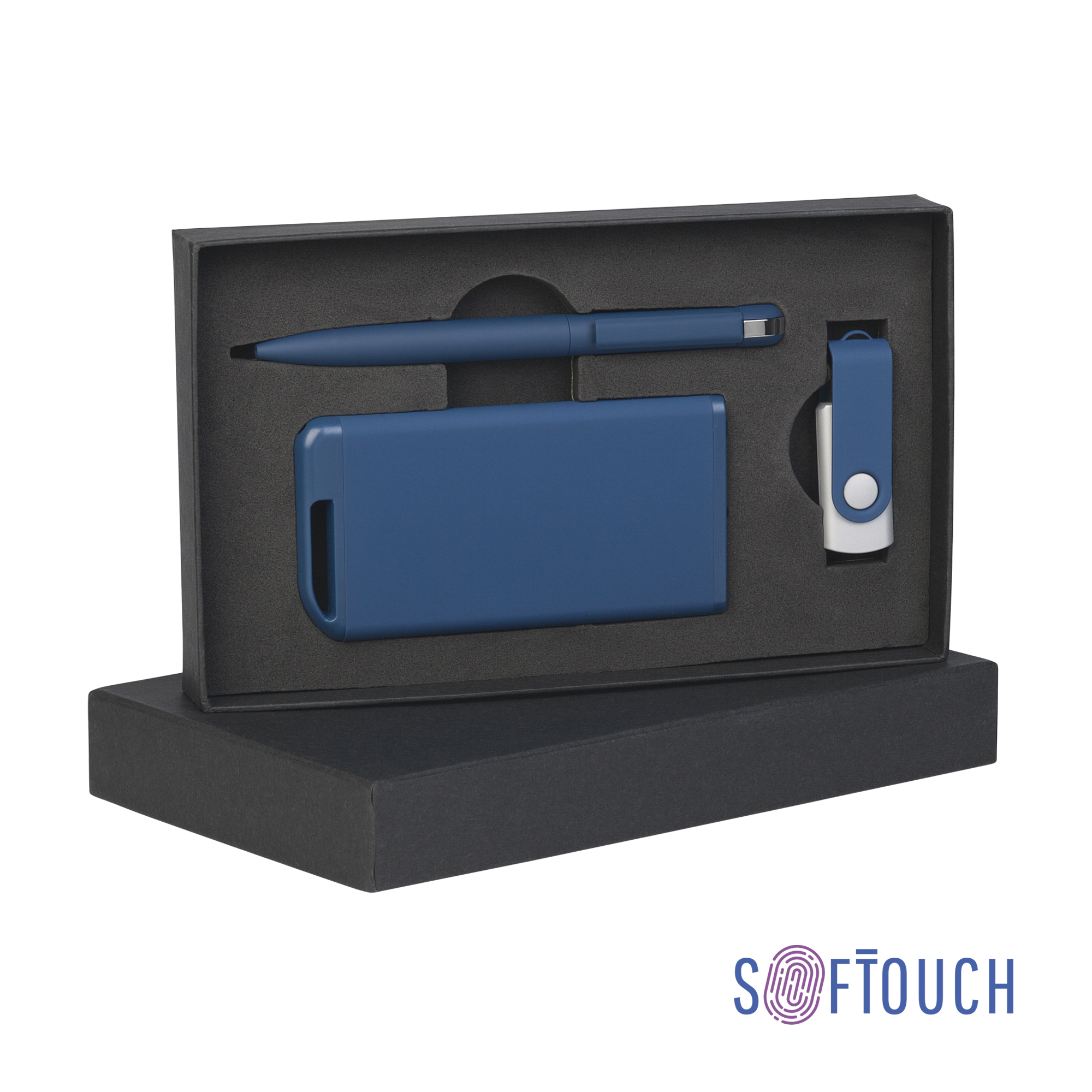 Набор ручка + флеш-карта 16Гб + зарядное устройство 4000 mAh в футляре покрытие soft touch темно-синий
