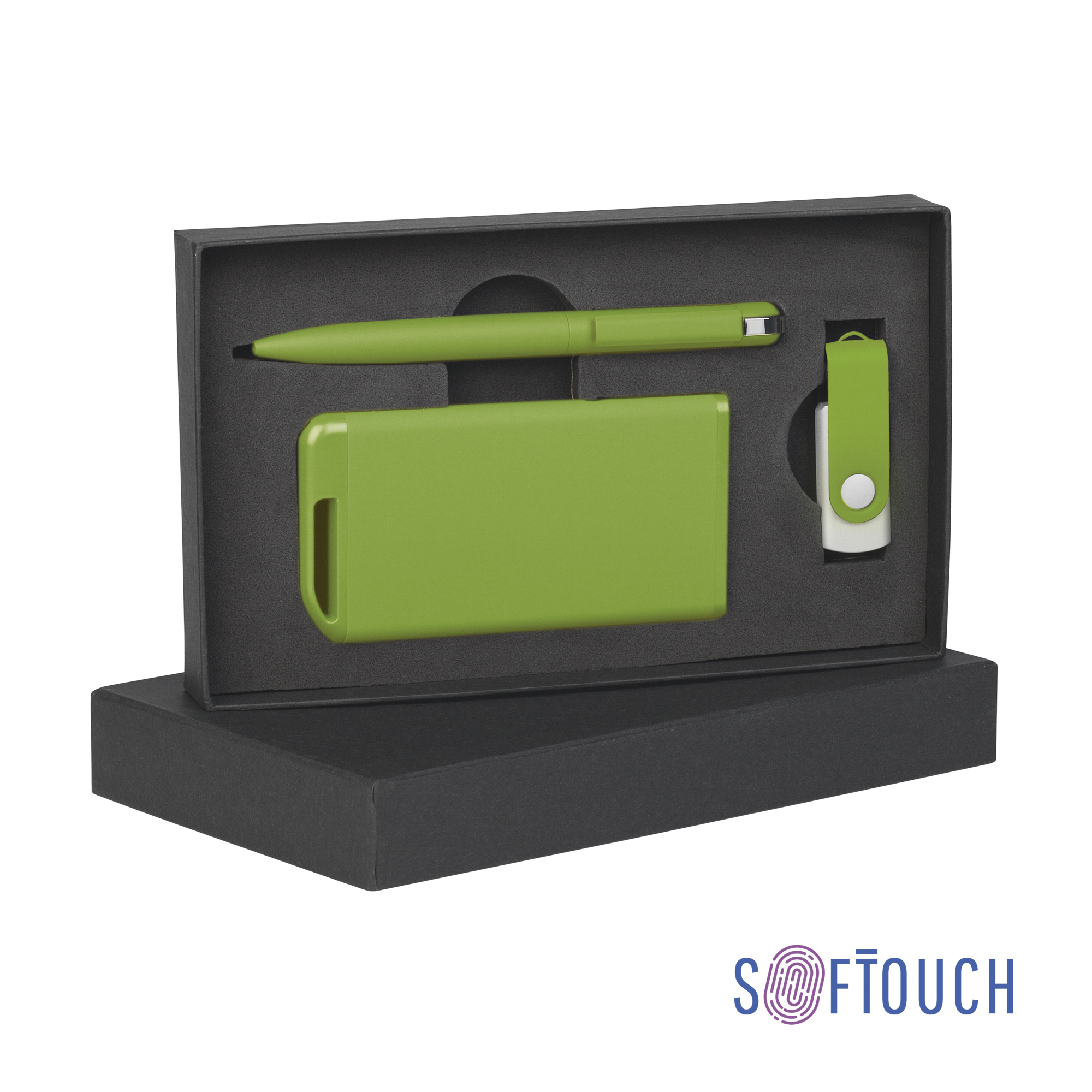 Набор ручка + флеш-карта 16Гб + зарядное устройство 4000 mAh в футляре покрытие soft touch зеленое яблоко