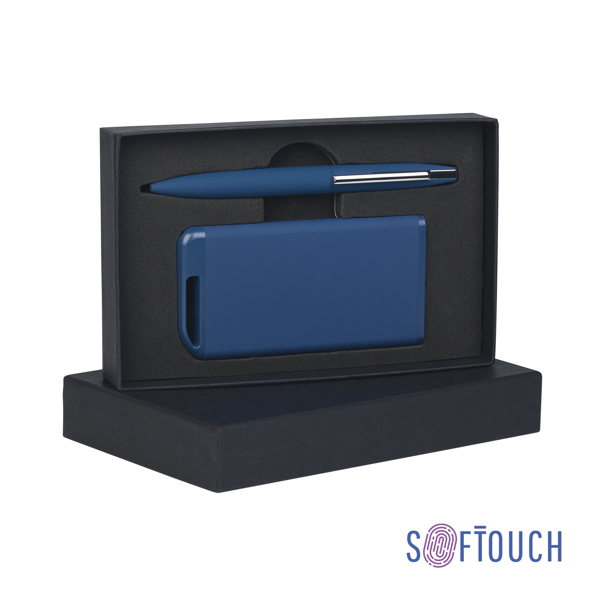Набор ручка + зарядное устройство 4000 mAh в футляре, покрытие soft touch темно-синий