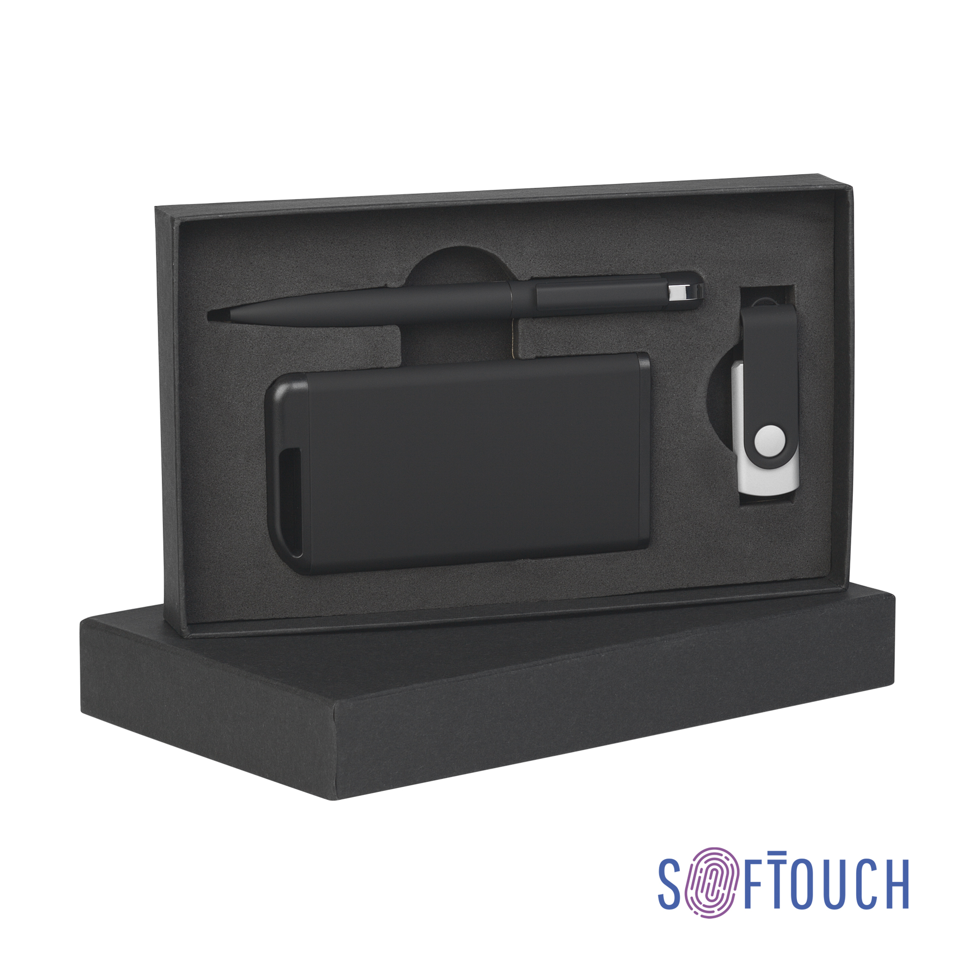 Набор ручка + флеш-карта 8Гб + зарядное устройство 4000 mAh в футляре, soft touch