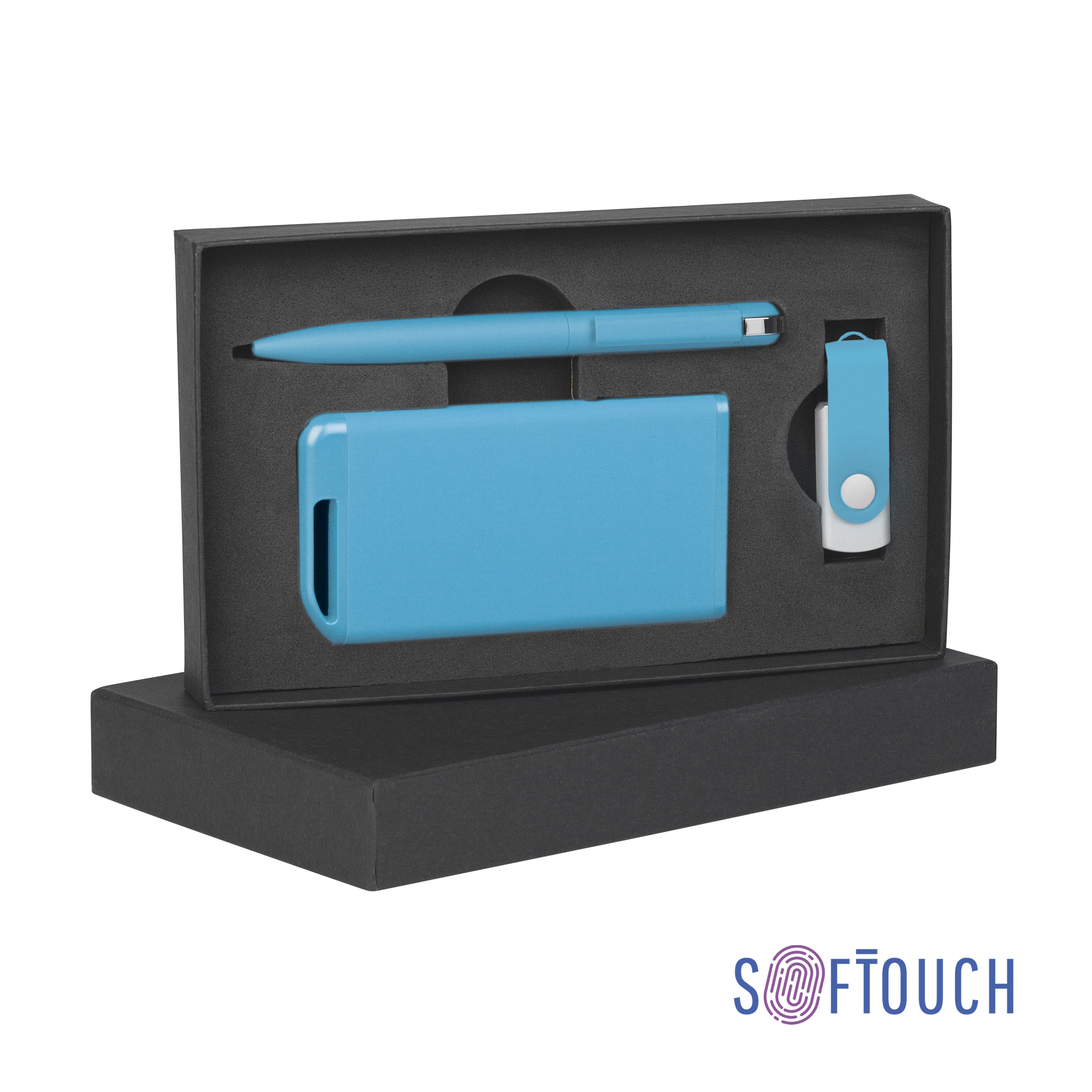 Набор ручка + флеш-карта 8Гб + зарядное устройство 4000 mAh в футляре, soft touch голубой