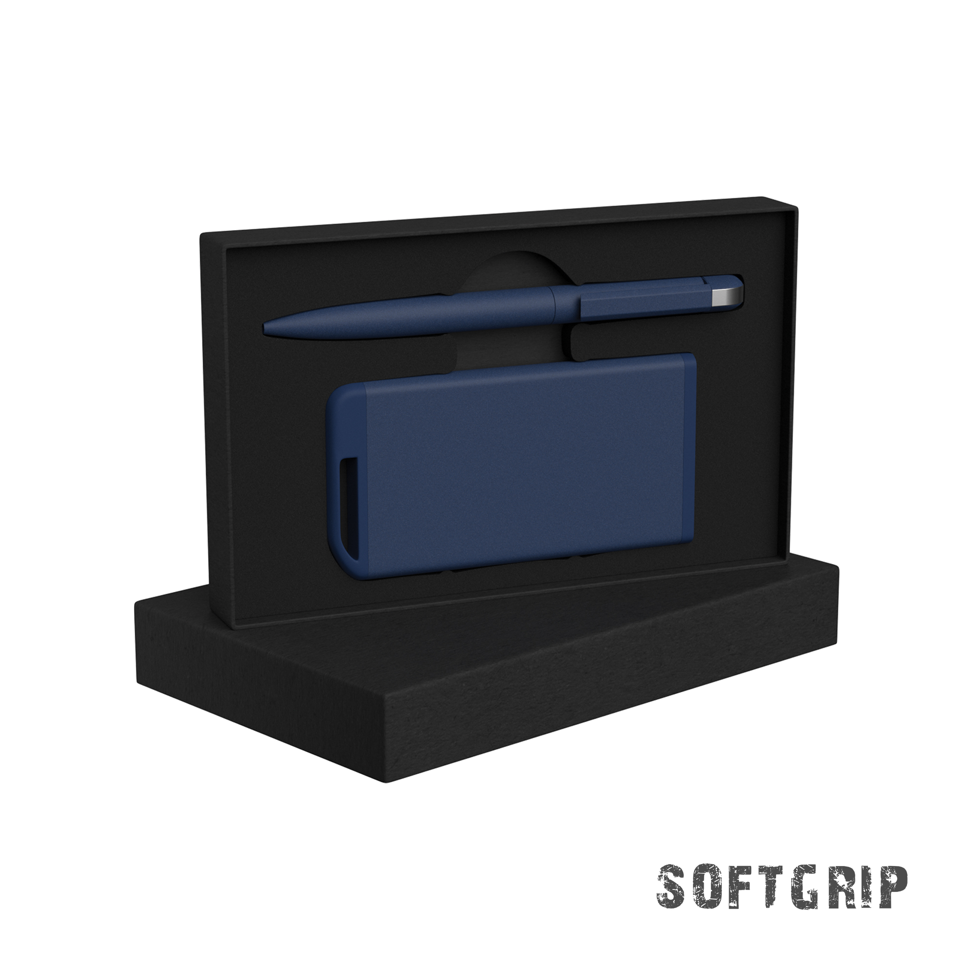 Набор ручка + зарядное устройство 4000 mAh в футляре, черный, покрытие soft grip# темно-синий